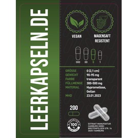 Gastric Juice Resistant Empty Capsules Size 0 Enteric Juice-Resistant Empty Capsules Vegan High Quality Dissolve Only in the Small Intestine (Pack of 200, Size 0)