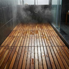 Bare Decor EZ-Floor Interlocking Flooring Tiles in Solid Teak Wood Oiled Finish (Set of 10), Long 9 Slat