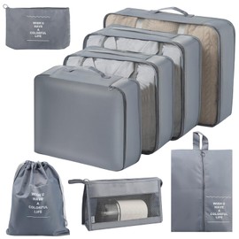 8 Piece Suitcase Organiser Set - Gray Packing Cubes - Packing Cube - Suitcase Organiser - Suitcase Organiser - Travel Organiser - Waterproof Travel Clothes Bags - Suitcase Storage Bags