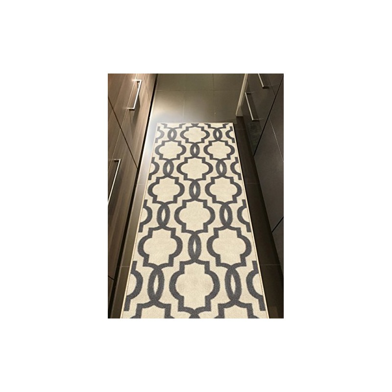 Custom Size Ivory Moroccan Trellis Rubber Backed Non-Slip Hallway Stair