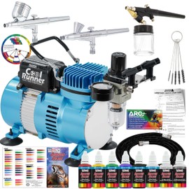 Master Airbrush Cool Runner II Air Brush Kit with Air Compressor Dual Fan, 3 Airbrushes, 6 Color Acrylic Paint Set, Hose, Brushes & Learning Guide Manual for Crafts, Auto, Tattoo & Model Painting