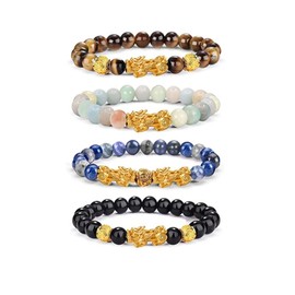 Pixiu Green Jade Natural Stone Change Color Elastic&Braided String Rope Bracelet Brave Troops Lucky Wealth Bracelet for Women Men Gift-4PCS B