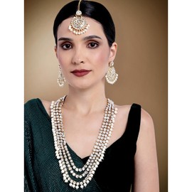 Aheli Indian Ethnic Wedding Faux Kundan Beaded Bridal Long Necklace Aretes con Maang Tikka Traditional Jewelry Set Gift para mujeres Elegante joyería de moda