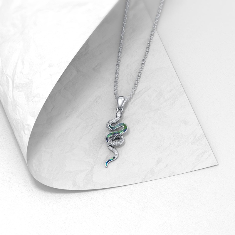 LONAGO 925 Sterling Silver Snake Pendant Necklace for Women Abalone