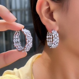 CWWZircons Luxury Double Sided Cubic Zirconia Hoop Earrings, Big Round Statement Dangle Design for Wedding, Women Party Jewelry