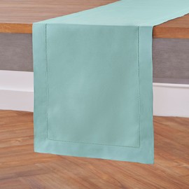 Solino Home Cotton Linen Table Runner 36 Inches - Pastel Turquoise Hemstitch Table Runner 14 x 36 Inch Ideal for Dresser and Coffee Tables - Father's Day, Summer