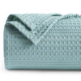 PHF Lightweight Waffle Weave Blanket Queen Size 90"x 90", Soft Woven Summer Blanket for Hot Sleepers - Aesthetic Home Decor for Couch Bed Sofa, Pet Friendly, Dusty Blue