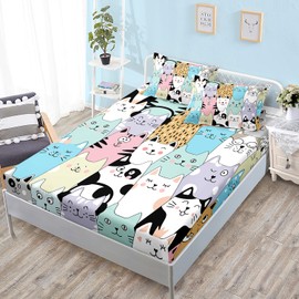HOSIMA Cute Cat Fitted Sheet Set - Cartoon Colorful Pet Print Twin With 2 Pillowcases - Kawaii Toddler Bedding for Girls Boys - Animal Themed Lovers Room Decor Aesthetic