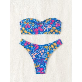 MakeMeChic Women's 2 Piece Bandeau Swimsuit Floral Cut Out Bikini Set Strapless Bathing Suits Multi Blue Medium