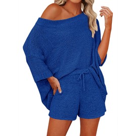 Mafulus - Conjunto de 2 piezas para mujer, conjunto de suéter de punto con hombros descubiertos, pantalones cortos a juego, bonito conjunto de pijama, marino, XL