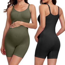 Women's Maternity Nursing Tank Leggings Jumpsuit ，Built-in Bra for Pregnancy Women and Shorts Romper Bodysuit, Blcak&green, Medium