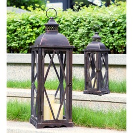 Perfnique Farmhouse Outdoor Lanterns for Patio, Set of 2 Rustic Lanterns Decor, Vintage Hanging Lanterns Decorative for Porch, Garden, Yard, Indoor (No Glass, Dark Brown)