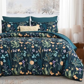 Yiran 7 Piece Peacock Blue Floral Comforter Set King Size, Botanical Flowers Comforter Bedding Set, Bed in a Bag King, Soft Microfiber Complete Bedding Set with Sheets for All Season