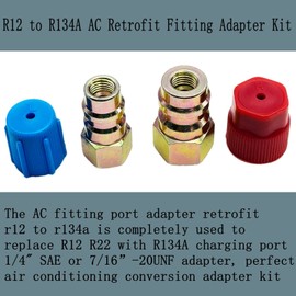 R12 to R134A AC Retrofit Fitting Adapter Kit, R12 R22 to R134A High/Low Fitting Port Retrofit 1/4’’ to 7/16"-20 UNF Conversion Adapter, Fits for AC Air Conditioner (A/C Adapter Valve Core Kit)