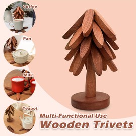 Wooden Tree Trivets, Wooden Coasters Trivets Tree Set, 4 Wooden Trivets + 1 Stand, Kitchen Natural Foldable Trivets for Hot Dishes, Stackable Wooden Trivets for Hot Pots and Pans Holders