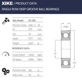 XiKe 10 Pcs R3-2RS Double Rubber Seal Bearings 3/16" x 1/2" x 10/51", Pre-Lubricated and Stable Performance and Cost Effective, Deep Groove Ball Bearings.