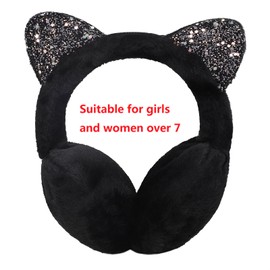 Faxianther Girls Earmuffs Coldproof Cute Sequin Cat Ears Fluffy Plush Winter Warm Ear Muffs Kids Ear Warmer Students Thermal Ear Protectors Ski Running Camping Full Ear Covers Xmas Gift