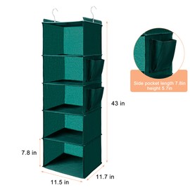 BOOMIBOO Hanging Closet Organize and Shelves，5-Hanging Shelf with 2 Side Pockets，Storage Foldable （Green）