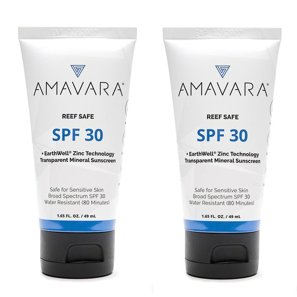 Amavara Transparent Mineral Sunscreen SPF 30, Non Nano Zinc Oxide Reef Safe Sunblock for Sensitive Skin, Biodegradable Broad Spectrum Body & Face Waterproof Suntan Lotion, 1.65 Oz (2 Pack)