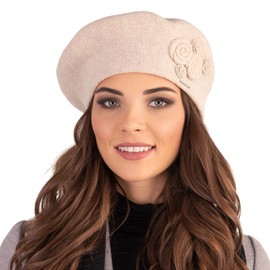 VIVISENCE 7037 Women's Beret Hat Winter Elegant with Classic Autumn Women's Hat Cut Warm Wool Blend Floral Applique Perfect Fit Ideal for Cold Days, beige