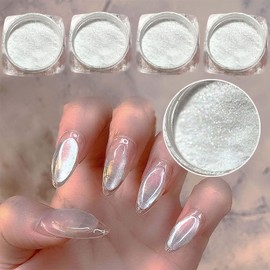 4pc Pearl Chrome Nail Powder Ice Transparent Chrome Powder for Nails, Rainbow Holographic Nail Chrome Powder(4pc white)