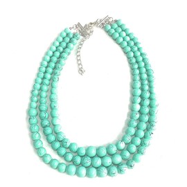 Womens Faux Pearl 3 Layer Multi Strand Gatsby Necklace Statement Bib Bead (Turquoise)