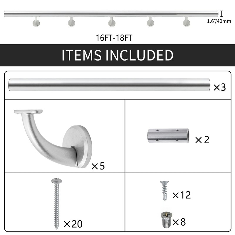 17 FT Modern Aluminum Handrail Set, handrails for Indoor Stairs,Deck,Slope,