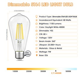 Dimmable LED Edison Bulbs 9W (80 Watt Equivalent) 1100 Lumens, 4000K Daylight White, ST64 E26 Base LED Light Bulbs, Vintage Clear Glass LED Filament Bulb for Home Lamp, Wall Sconce, Chandelier, 6 Pack