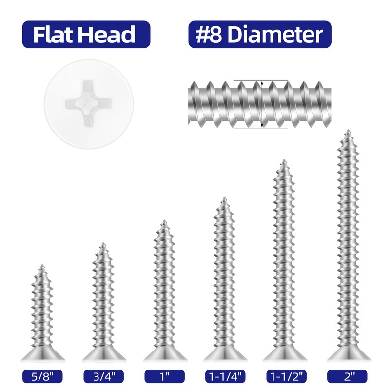 #8 x 1-1/2" Flat Head Self Tapping Screws, White Head
