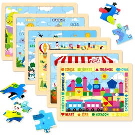EggSun Wooden Puzzles for Kids, 6 Packs 24Pcs Wooden Number Shape Seasons Toddler Jigsaw Puzzles, Preschool Educational Learning Toys Gifts for Boys and Girls 2 3 4 5 6 Year Old
