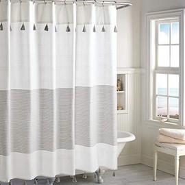 Peri Home Panama Stripe 100% Cotton Fabric Shower Curtain for Bathroom, 72 x 72 inches, Grey