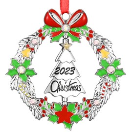 VIVIKEN Christmas Ornament 2023 Decoration for Christmas Tree Hanging Metal Christmas Wreath with Rotatable Tree Dated 2023 Shiny Silver Ornaments Holiday Decorative Xmas Gifts for Family Friends
