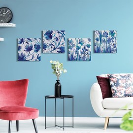 Renditions Gallery Bedroom Wall décor Blue Flower Wall Art 4 Pieces Set, 12 x 12 inches Each, Modern Abstract Painting Canvas Prints Artwork for Home, Office, Cabin, Guest Room, Afternoon Indigo