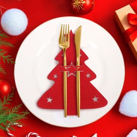 Minicoco 12 Pcs Christmas Cutlery Holders, Felt Christmas Silverware Tableware Holder Pockets Red Christmas Cutlery Bag Xmas Table Decorations Christmas Tree Cutlery Holders for Kitchen Supplies