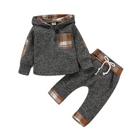 TMEOG Baby Clothing Sets Infant Toddler Boys Girls Sweatshirt Set Winter Fall Clothes Outfit 0-3 Years Old,Baby Plaid Hooded Long Sleeve Tops+Pants (Khaki, 6-12 Months)