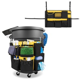 HODRANT 32-55 Gallon Trash Can Caddy Bag, Garbage Bin Apron Caddy with Multiple Pockets for Cleaning Supplies, Cleaning Tool Organizer with Adjustable Buckle for Janitorial Trash Can, Black+Yellow