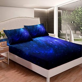 Galaxy Print Bedding Set Chic Blue Starry Sky Fitted Sheet for Kids Boys Girls Teens Out Space Milky Way Bed Sheet Set Mystery Glitter Bed Cover Room Decor Single Size