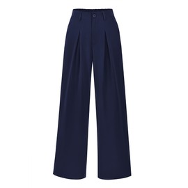 BTFBM Women High Waist Palazzo Pants Casual Wide Leg Trousers Button Down Loose Work Office Business Suit Pant Pockets(Solid Navy, Medium)