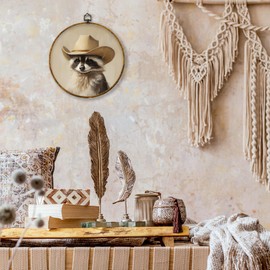 shiviody Vintage Cowboy Canvas Wall Art Decor, Retro Western Raccoon Wall Decor, Funny Animal Cowboy Hat Round Hanging Frame Prints Decorations for Bedroom Bathroom Boys Room 10"x10"