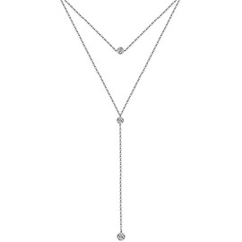 WangGao 2 Layered Handmade Y Shape Rhinestone Long Pendant Crystal Necklaces Stainless Steel Necklace for Women,Silver Color…