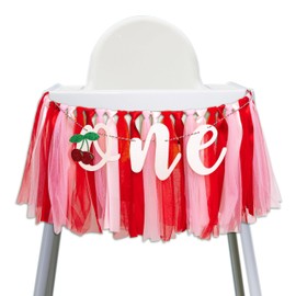 GIOGUK Cherry One High Chair Banner - Cherry Themed First Birthday Party Banner Garland, Sweet Girl Birthday Party Decoration Supplies, Anniversary Photo Shoot Background Props