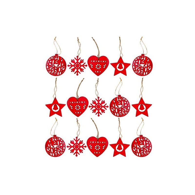 Robelli Pack of 16 Assorted Red Wooden Christmas Tree Hanging