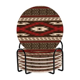 Coasters for Drinks with Holder Absorbent Set of 6 Decorative Tribal Native American Striped Cotton Woven Round Coaster for Coffee Table