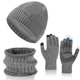 TAGVO Hat Scarf and Gloves Set,Winter Knitted Thermal Beanie Hat Circle Fleece Neck Warmer Warm Touchscreen Gloves Set,Cold Weather Set 3 in 1 Outdoor Skiing Cycling Hiking Gifts Set for Men Women