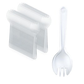 EYAKEG 4.2"" Mini Disposable Sporks 50Pcs, Plastic Spork 2-in-1 Utensils, Individual Package Per (Clear)