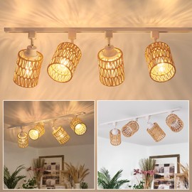 AIBISOD 4-Pack H Track Lighting Heads, Rattan Track Light Heads Fixture for H Type Track Lighting Rail, E26 Flexible Track Light Ceiling Fixtures, Adjustable Modern Track Light for Kitchen, No Bulb