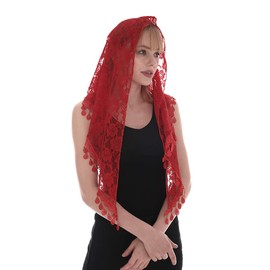 LMVERNA Triangle Lace Mantilla Veil Lightweight Tassel Scarf Fashion Head Covering Floral Shawls and Wraps for Women (Red)