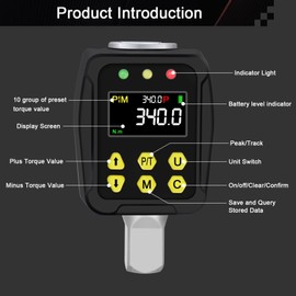Uharbour Digital Torque Adapter 1/2 Inch 17-340 Nm, Torque Wrench Digital with LCD Display, PEAK/TRACK Mode, Buzzer and LED Display, ±2% Error Accuracy, for Car, Bike, Motorcycle