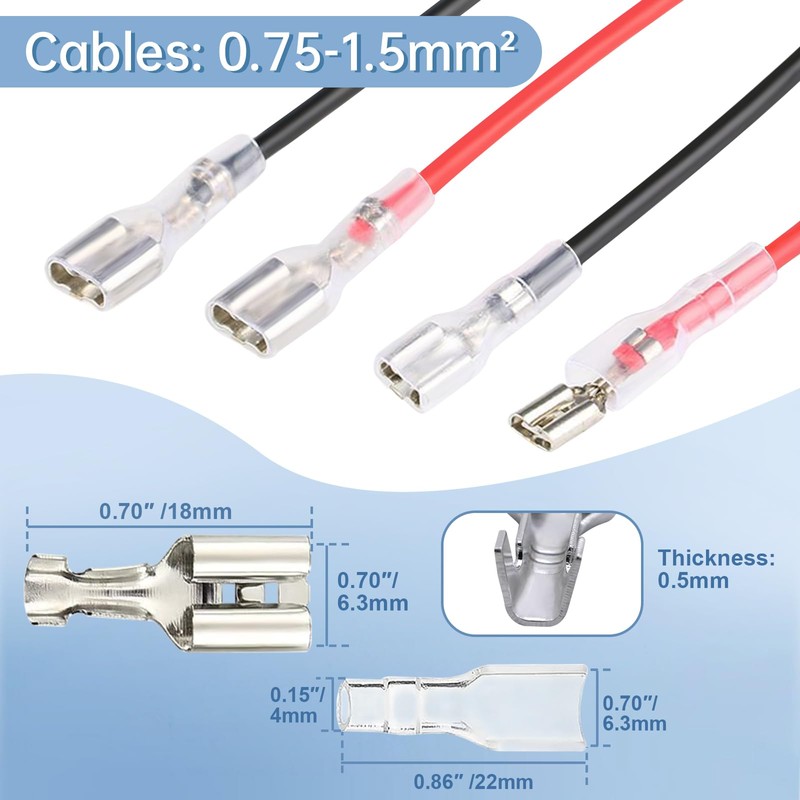 Non-insulated Female Spade Quick Splice Crimp Terminals 6.3mm, Complete Set