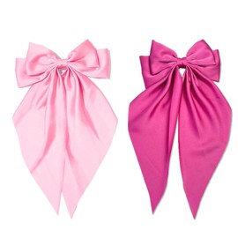 Hair Bows Silky Satin Bows Oversized Long Tail Hair Bow Clips Barrettes Big Bowknot Hair Accessories Trendy Stuff for Women Girl (Pink + Fuchsia)